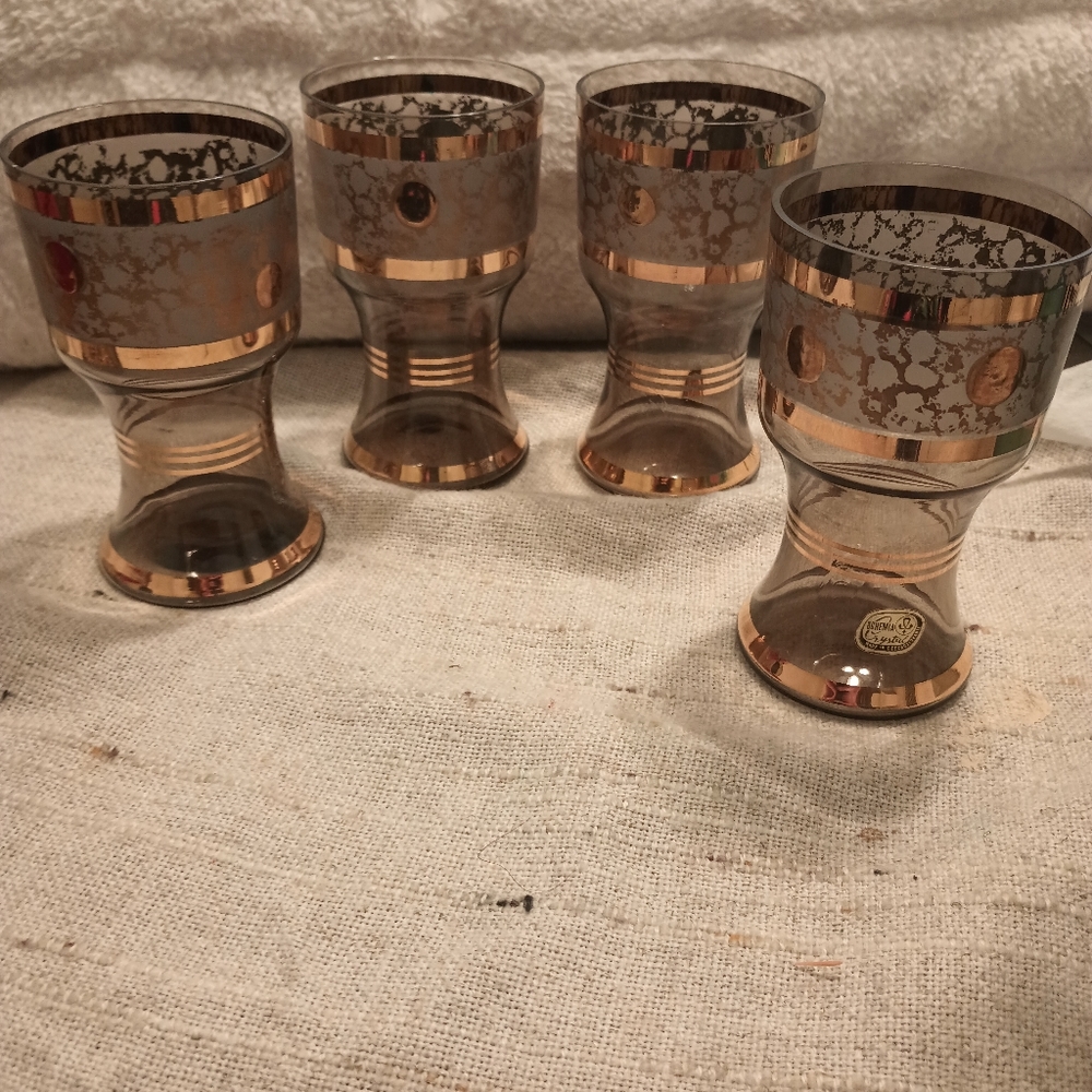 Vintage BOHEMIA Crystal MCM Gold Banded Hollywood Regency Drink Glasses Set of 4